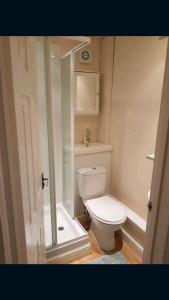 a small bathroom with a toilet and a shower at Double Room near Airport in Takeley