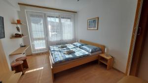 a small bedroom with a bed and a window at Apartment Magura in Donovaly