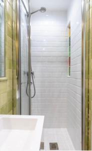 uma casa de banho com um chuveiro e um lavatório branco em Casa Álvarez em Madri