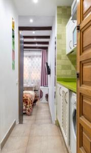 um corredor que leva a uma casa de banho com verde e branco em Casa Álvarez em Madri