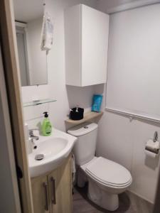 维亚斯superbe mobil home 6/8 pers,clim, sans vis a vis dans camping 4* espace aquatique的配有白色马桶和水槽的浴室 更多13张照片