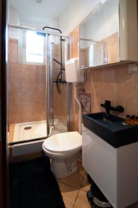 a bathroom with a toilet and a sink and a shower at Cozy Apartament Rachel-Near Rynek and train station in Krakow