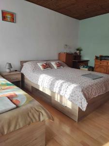 Un dormitorio con una cama grande y una falda en Apartman 1 RIBIČ, en Ogulin