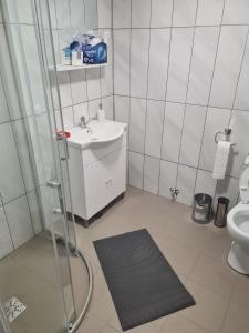 a bathroom with a sink and a toilet at Margareta's House in Veştem