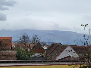 - une vue sur les toits des maisons avec des montagnes en arrière-plan dans l'établissement Margareta's House, à Veştem