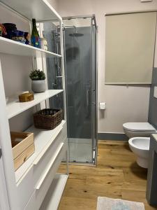 uma casa de banho com uma cabina de duche em vidro e um WC. em B&B La Mammola em Lugo