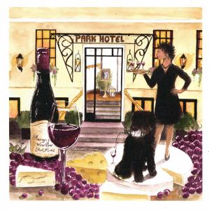 Park Hotel في فريكشهاون: لوحة لامرأة تقف بجوار زجاجة من النبيذ