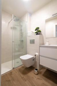uma casa de banho com um WC e uma cabina de duche em vidro. em Lujoso apartamento entre 2 playas con garaje em Gijón
