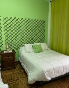 a bedroom with a bed with a green wall at Hostal Cabañeros in Ciudad Real
