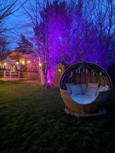 a wicker chair in a yard with purple lights at Haw thorn Hideaway in Doncaster