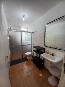 a bathroom with a shower and a sink and a toilet at Santos frente ao mar in Santos