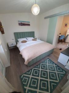 una camera con un grande letto con testiera verde di Villa Coca a Câmpulung Moldovenesc