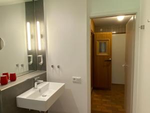 a bathroom with a sink and a mirror at Triangel in Schmilau