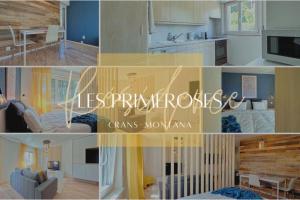 uma colagem de fotos de uma cozinha e uma sala de estar em Primeroses I 43m2 I Balcony I Near the centre 9 min em Crans-Montana