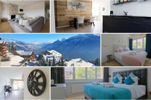 un collage de photos d'une chambre d'hôtel avec des montagnes dans l'établissement Plein Ciel I Balcony I Close to cable cars I Car park, à Crans-Montana