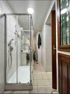ein Bad mit einer Dusche und einer Glastür in der Unterkunft Don Vincenzo’s House in Neapel