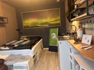 um quarto com uma cama e uma cozinha com um lavatório em Brand New Studio Apartment in Tromso - hotspot em Tromsø