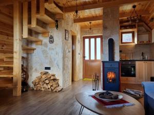 uma sala de estar com um fogão a lenha numa casa em Mountain house em Žabljak