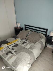 a bed with a comforter and pillows in a bedroom at Appart la Percep in La Tour-dʼAuvergne