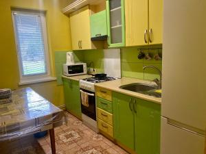 a green kitchen with a sink and a microwave at Садиба Орхідея Шешори in Sheshory