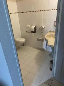 La salle de bains est pourvue de toilettes et d'un lavabo. dans l'établissement Logis La Bastide De Grignan Hotel & Restaurant "La Chênaie", à Grignan