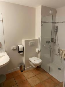La salle de bains est pourvue d'une douche, de toilettes et d'un lavabo. dans l'établissement Logis La Bastide De Grignan Hotel & Restaurant "La Chênaie", à Grignan