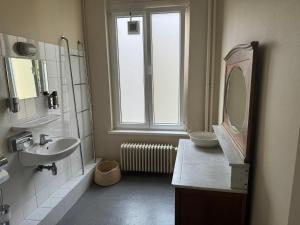 ein Bad mit einem Waschbecken, einem Spiegel und einem Fenster in der Unterkunft Hotel Rubenshof in Antwerpen