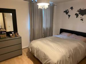 a bedroom with a bed and a dresser and a mirror at Quiet and peaceful in Hatfield