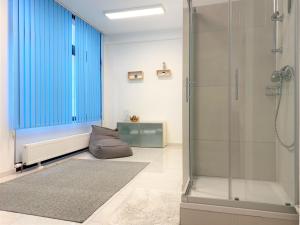 uma casa de banho com um chuveiro e uma porta de vidro em Stadtsuite mit Sauna in Wiener Neustadt 135 m2 em Wiener Neustadt