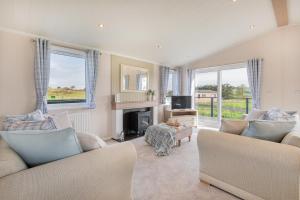 sala de estar con 2 sofás y chimenea en Birch Timber Holiday Lodge, en Bassenthwaite