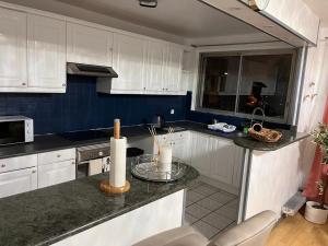 een keuken met witte kasten en een aanrecht bij Superbe appartement avec magnifique vue sur Paris in Sucy-en-Brie