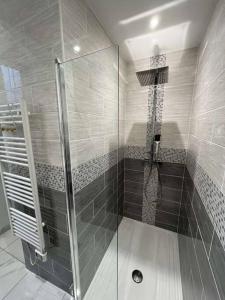 y baño con ducha y puerta de cristal. en Maison avec cours privative, en Nesle