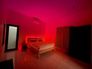 Camera rossa con letto e TV di NAMA Guest House a Canggu