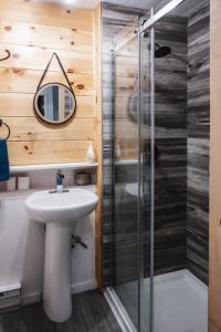 La salle de bains est pourvue d'un lavabo et d'une douche. dans l'établissement Chalet plein air, à Saint-Raymond