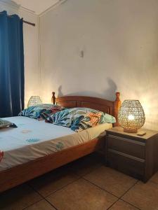 una camera da letto con un letto con una lampada su un comodino di Le Latanier a Petite-Île