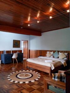 安齊拉貝的住宿－L'anis Etoilé，一间卧室设有一张大床和木制天花板