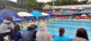 Eine Gruppe von Menschen sitzt neben einem Schwimmbecken in der Unterkunft Sweet Lucy in Rapallo