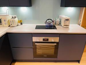 a kitchen counter with a tea kettle on top of an oven at Henley Bolt Hole in Henley on Thames