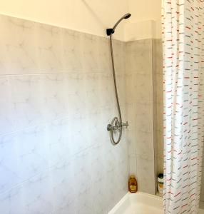 サン・ヴィセンテにあるHolidays Madeiraの白いタイル張りの壁のバスルーム(シャワー付)