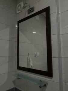 a mirror on the wall of a shower in a bathroom at Apartman Venera in Sombor +14 photos