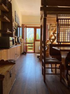 een woonkamer met een houten vloer en een piano bij IL COVO DELLO SCIATORE in Falcade