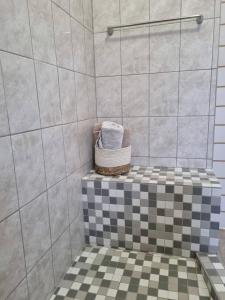 a bathroom with a shower with a basket of towels at Seabreeze Accommodation in L&uuml;deritz
