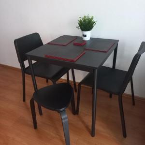 ワルシャワにあるApartament Old Town Piwnaの黒いテーブル(椅子2脚、植物付)