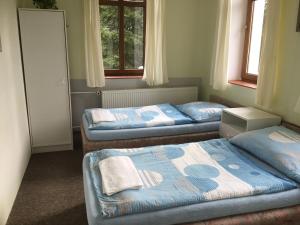 three beds sitting in a room with windows at Penzion Real in Bedřichov