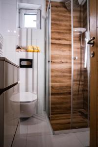 a bathroom with a toilet and a glass shower at Apartman Georgijev with private Free parking in Zlatibor