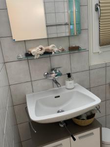a bathroom with a white sink and a mirror at B&B Biel-Brügg in Brügg