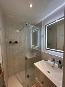 y baño con ducha, lavabo y espejo. en Manoir de l'Aumônerie en Saint-Martin-de-Boscherville