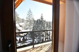 茲拉蒂博爾的住宿－Brvnara Mont 3，窗户享有雪覆盖的森林美景