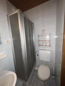 a bathroom with a shower and a toilet and a sink at Pension Strasser in Bad Schallerbach