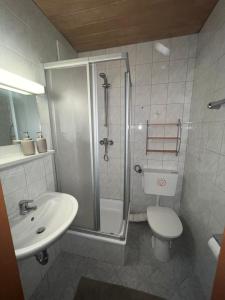 a bathroom with a shower and a toilet and a sink at Pension Strasser in Bad Schallerbach